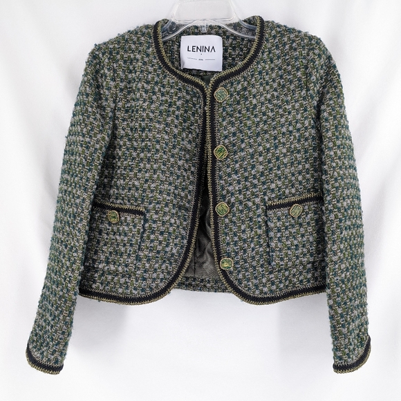 LENINA Coco Cropped Tweed Jacket Black and Green One Size - Picture 6 of 11